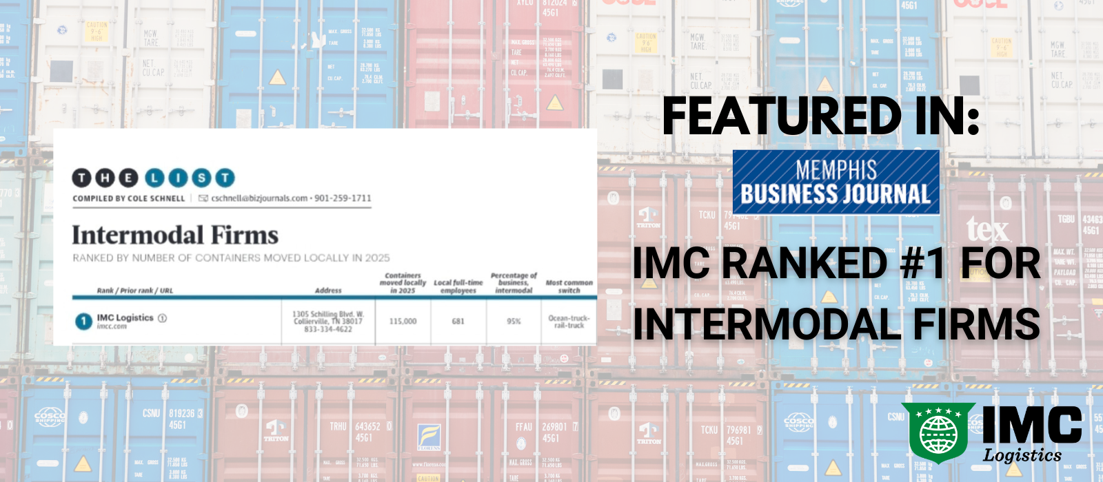 IMC Logistics Ranked No.1 for Intermodal Firms