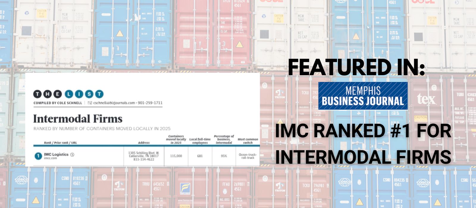 IMC Logistics Ranked No.1 for Intermodal Firms
